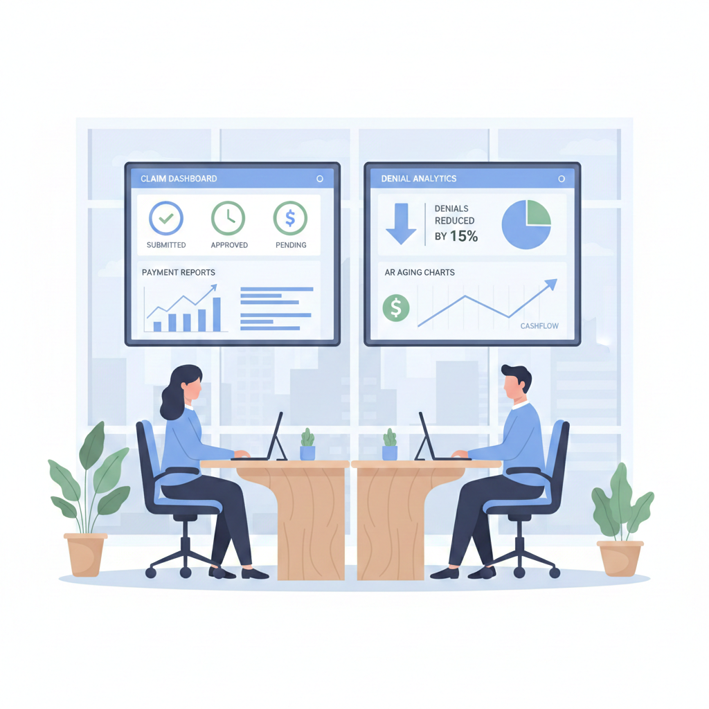 Healthcare professional reviewing patient data on tablet in modern clinic